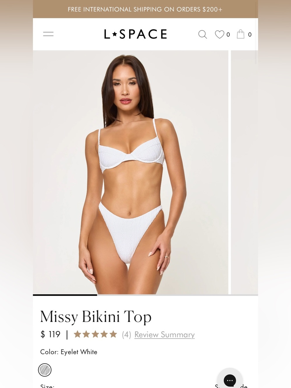 L*Space Missy Bikini Top Eyelet White NWT Size Medium Underwire $119